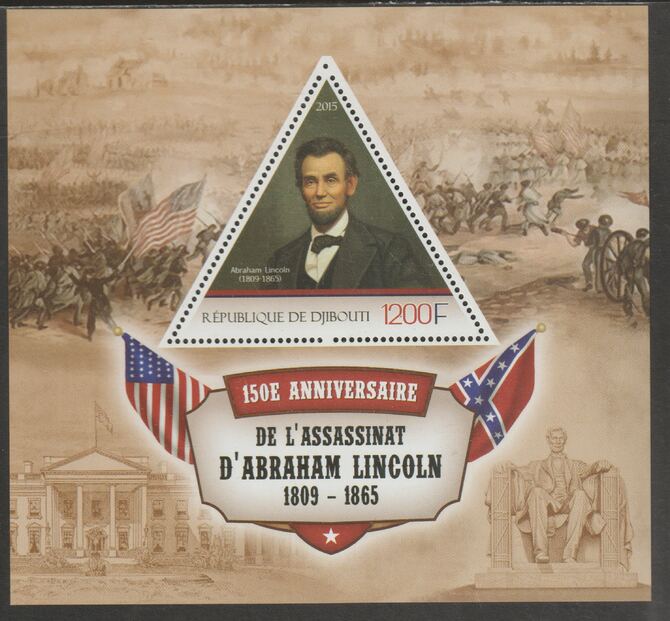 Djibouti 2015 Abraham Lincoln 150th Anniversary of Assassination perf deluxe sheet containing one triangular shaped value unmounted mint, stamps on , stamps on  stamps on shaped, stamps on  stamps on personalities, stamps on  stamps on lincoln, stamps on  stamps on battles