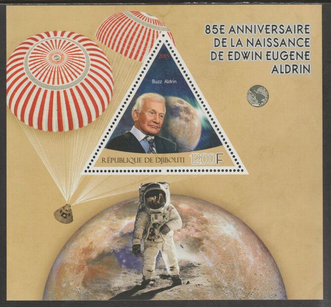 Djibouti 2015 Edwin 'Buzz' Aldrin 85th Birth Anniversary perf deluxe sheet containing one triangular shaped value unmounted mint, stamps on shaped, stamps on personalities, stamps on aldrin, stamps on space, stamps on parachutes, stamps on moon