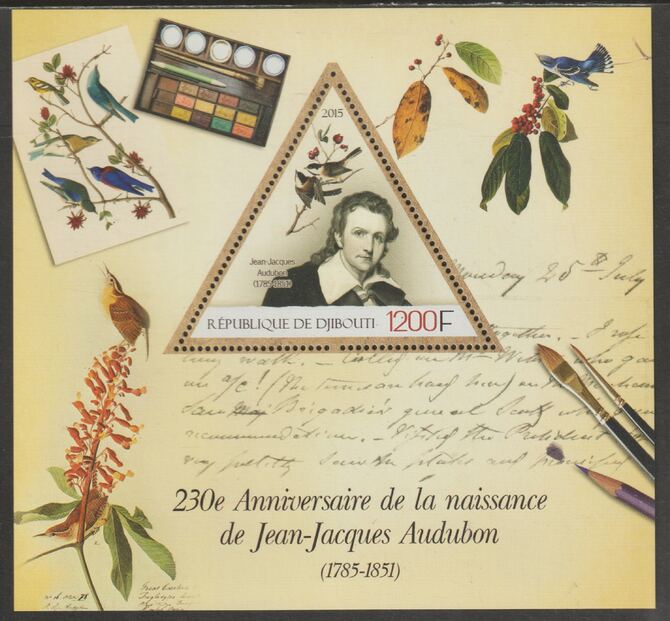 Djibouti 2015 John Audubon 230th Birth Anniversary perf deluxe sheet containing one triangular shaped value unmounted mint, stamps on shaped, stamps on personalities, stamps on audubon, stamps on birds, stamps on arts