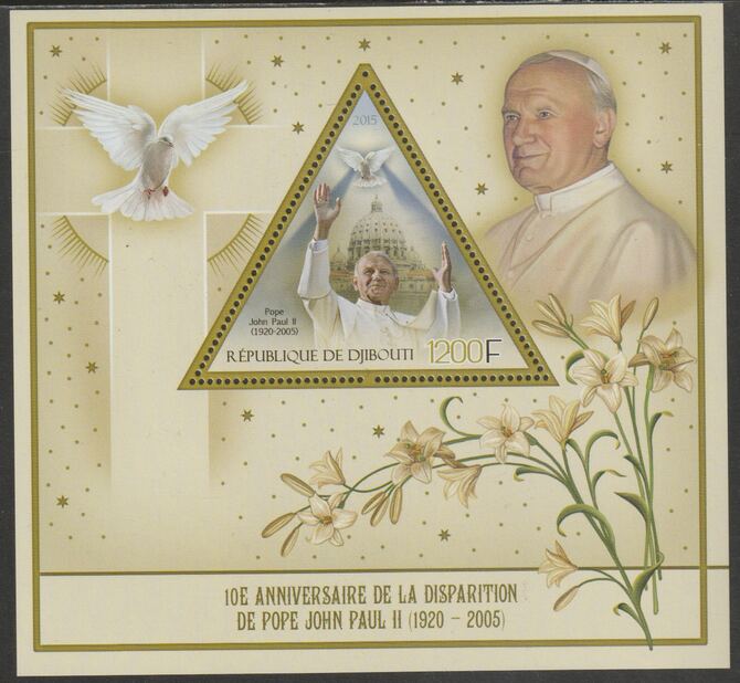 Djibouti 2015 Pope John Paul II Tenth Death Anniversary perf deluxe sheet containing one triangular shaped value unmounted mint, stamps on , stamps on  stamps on shaped, stamps on  stamps on personalities, stamps on  stamps on popes