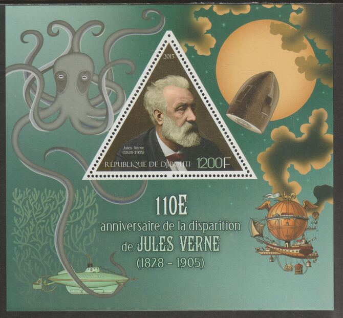 Djibouti 2015 Jules Verne 110th Death Anniversary perf deluxe sheet containing one triangular shaped value unmounted mint, stamps on , stamps on  stamps on shaped, stamps on  stamps on personalities, stamps on  stamps on verne, stamps on  stamps on octopus, stamps on  stamps on balloons