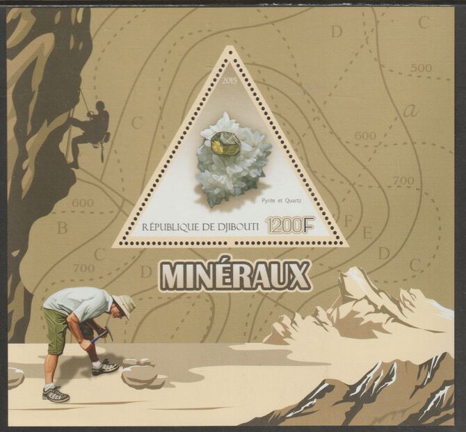 Djibouti 2015 Minerals perf deluxe sheet containing one triangular shaped value unmounted mint, stamps on shaped, stamps on minerals, stamps on climbing