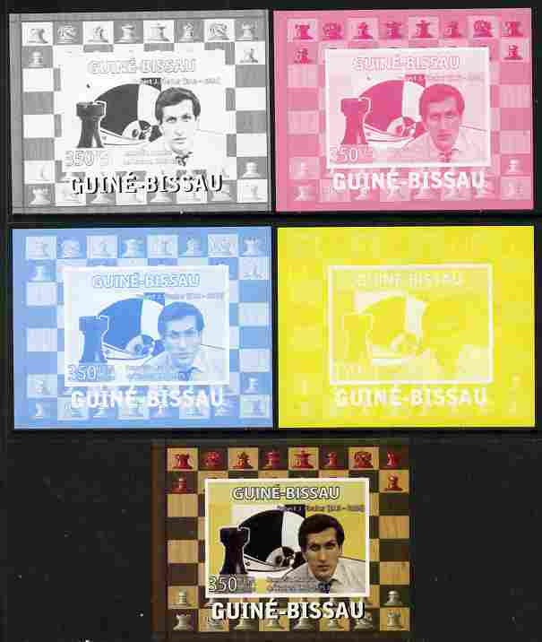 Guinea - Bissau 2008 Chess Champions - Robert Fischer individual deluxe sheetlet - the set of 5 imperf progressive proofs comprising the 4 individual colours plus all 4-colour composite, unmounted mint , stamps on , stamps on  stamps on personalities, stamps on  stamps on chess