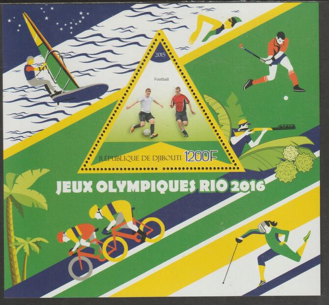 Djibouti 2015 Rio Olympics perf deluxe sheet containing one triangular shaped value unmounted mint, stamps on , stamps on  stamps on shaped, stamps on  stamps on olympics, stamps on  stamps on football, stamps on  stamps on sailing, stamps on  stamps on hockey, stamps on  stamps on shooting, stamps on  stamps on bicycles, stamps on  stamps on fencing, stamps on  stamps on swimming