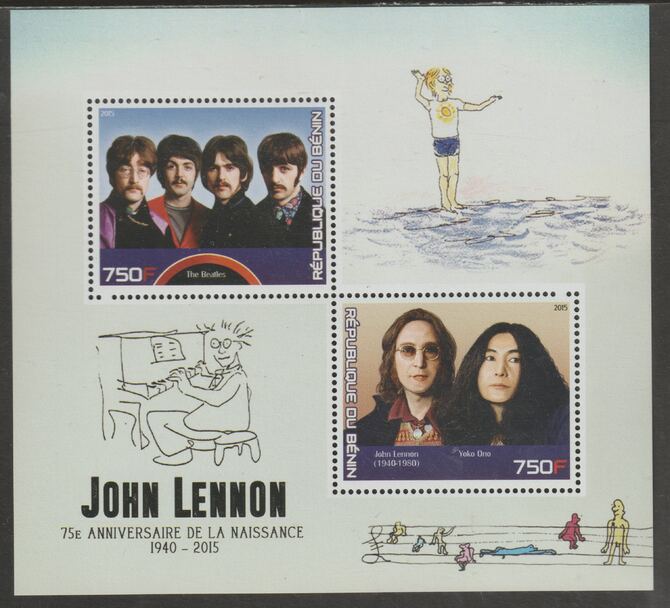 Benin 2015 John Lennon 75th Birth Anniversary perf sheet containing two values unmounted mint, stamps on personalities, stamps on music, stamps on lennon, stamps on beatles, stamps on pops, stamps on rock