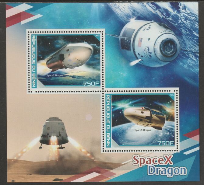 Benin 2015 SpaceX Dragon Mission perf sheet containing two values unmounted mint, stamps on , stamps on  stamps on space, stamps on  stamps on spacex