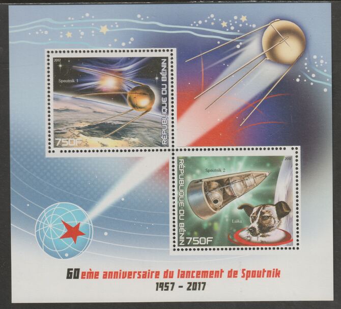 Benin 2017 Sputnik 60th Anniversary perf sheet containing two values unmounted mint, stamps on , stamps on  stamps on space, stamps on  stamps on sputnik