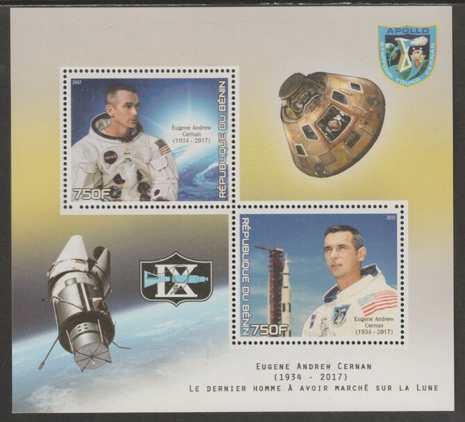 Benin 2017 Eugene Cernan perf sheet containing two values unmounted mint, stamps on , stamps on  stamps on personalities, stamps on  stamps on space, stamps on  stamps on cernan