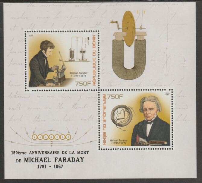 Benin 2017 Michael Faraday 150th Death Anniversary perf sheet containing two values unmounted mint, stamps on , stamps on  stamps on personalities, stamps on  stamps on faraday
