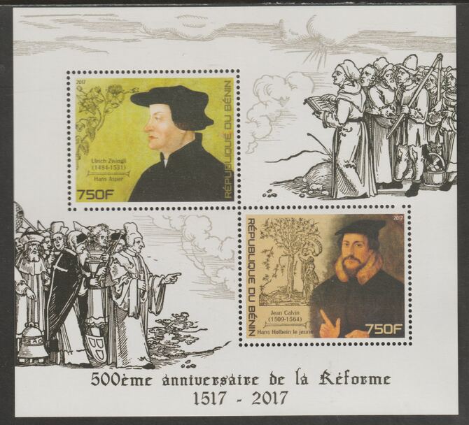 Benin 2017 Reformation 500th Anniversary perf sheet containing two values unmounted mint, stamps on reformation