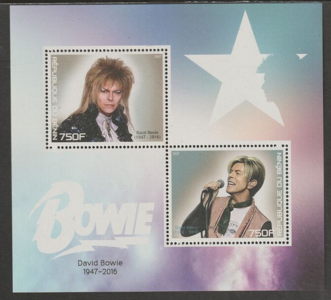 Benin 2017 David Bowie perf sheet containing two values unmounted mint, stamps on , stamps on  stamps on personalities, stamps on  stamps on bowie, stamps on  stamps on music, stamps on  stamps on pops, stamps on  stamps on rock