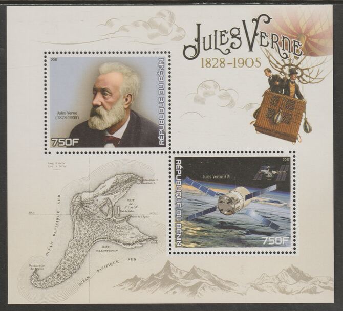 Benin 2017 Jules Verne perf sheet containing two values unmounted mint, stamps on personalities, stamps on verne, stamps on literature, stamps on balloons