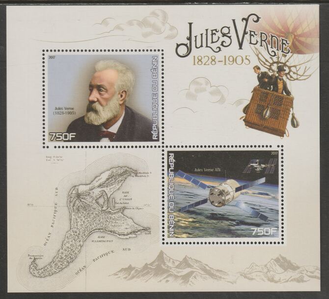 Benin 2017 Jules Verne perf sheet containing two values unmounted mint, stamps on , stamps on  stamps on personalities, stamps on  stamps on verne, stamps on  stamps on literature, stamps on  stamps on balloons