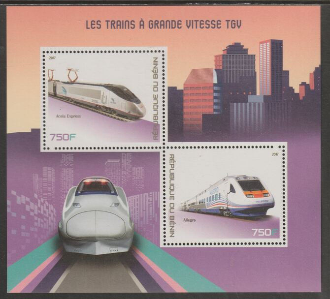Benin 2017 TGV Trains perf sheet containing two values unmounted mint, stamps on railways