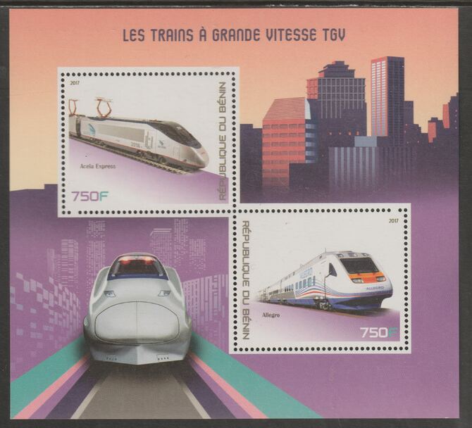 Benin 2017 TGV Trains perf sheet containing two values unmounted mint, stamps on , stamps on  stamps on railways