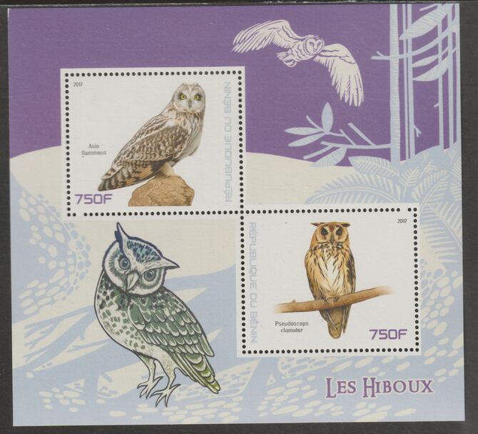 Benin 2017 Owls perf sheet containing two values unmounted mint, stamps on birds, stamps on birds of prey, stamps on owls