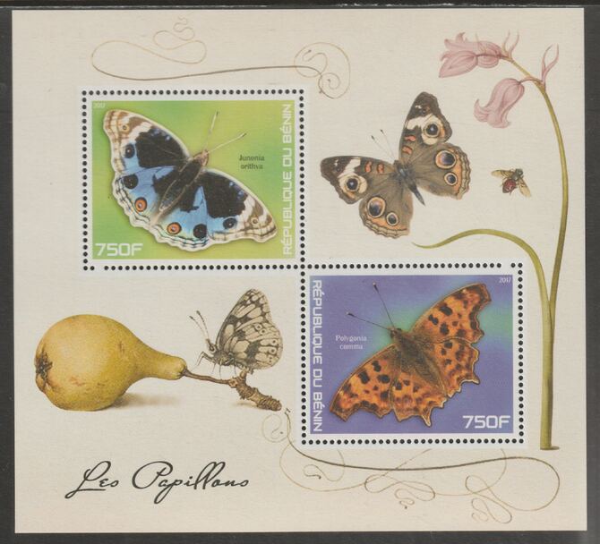 Benin 2017 Butterflies perf sheet containing two values unmounted mint, stamps on butterflies, stamps on insects