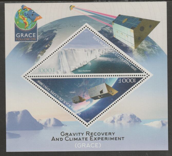 Ivory Coast 2017 Gravity Recovery & Climate Experiment (GRACE) #1 perf sheet containing two triangular values unmounted mint, stamps on shaped, stamps on triangular, stamps on climate, stamps on environment
