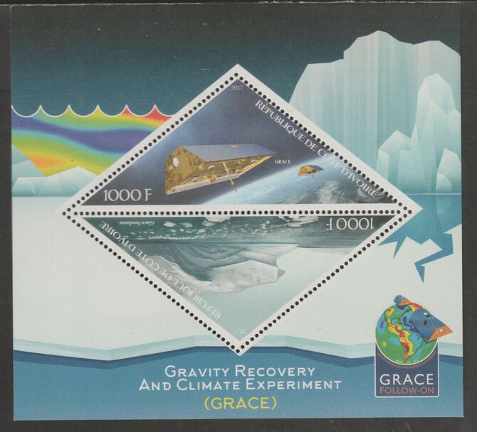 Ivory Coast 2017 Gravity Recovery & Climate Experiment (GRACE) #2 perf sheet containing two triangular values unmounted mint, stamps on , stamps on  stamps on shaped, stamps on  stamps on triangular, stamps on  stamps on climate, stamps on  stamps on environment