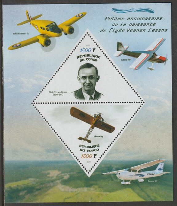 Congo 2019 Clyde Cessna 140th Birth Anniversary perf sheet containing two triangular values unmounted mint, stamps on shaped, stamps on triangular, stamps on personalities, stamps on cessna, stamps on aviation