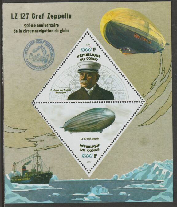 Congo 2019 Zeppelin Flight 90th Anniversary perf sheet containing two triangular values unmounted mint, stamps on shaped, stamps on triangular, stamps on zeppelin, stamps on aviation
