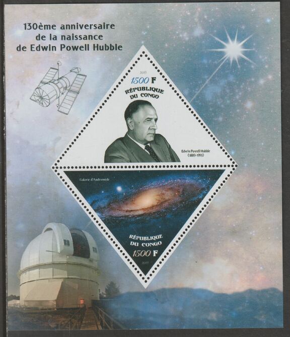 Congo 2019 Edwin Hubble 130th Birth Anniversary perf sheet containing two triangular values unmounted mint, stamps on shaped, stamps on triangular, stamps on personalities, stamps on space, stamps on telescopes, stamps on hubble