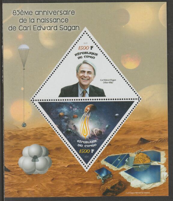 Congo 2019 Carl Sagan 85th Birth Anniversary perf sheet containing two triangular values unmounted mint, stamps on shaped, stamps on triangular, stamps on personalities, stamps on space, stamps on sagan