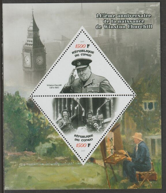 Congo 2019 Winston Churchill 145th Birth Anniversary perf sheet containing two triangular values unmounted mint, stamps on shaped, stamps on triangular, stamps on personalities, stamps on churchill, stamps on london, stamps on clocks