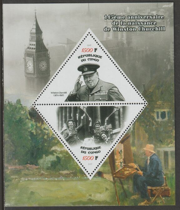 Congo 2019 Winston Churchill 145th Birth Anniversary perf sheet containing two triangular values unmounted mint, stamps on , stamps on  stamps on shaped, stamps on  stamps on triangular, stamps on  stamps on personalities, stamps on  stamps on churchill, stamps on  stamps on london, stamps on  stamps on clocks