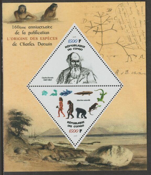 Congo 2019 Charles Darwin perf sheet containing two triangular values unmounted mint, stamps on , stamps on  stamps on shaped, stamps on  stamps on triangular, stamps on  stamps on personalities, stamps on  stamps on darwin, stamps on  stamps on 