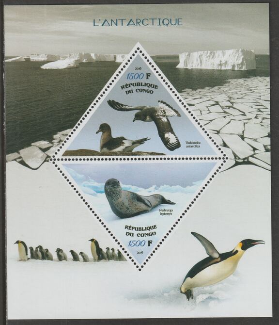 Congo 2019 Antarctica perf sheet containing two triangular values unmounted mint, stamps on shaped, stamps on triangular, stamps on polar, stamps on penguins, stamps on seals