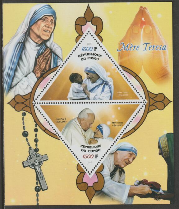 Congo 2019 Mother Teresa perf sheet containing two triangular values unmounted mint, stamps on , stamps on  stamps on shaped, stamps on  stamps on triangular, stamps on  stamps on personalities, stamps on  stamps on teresa, stamps on  stamps on pope