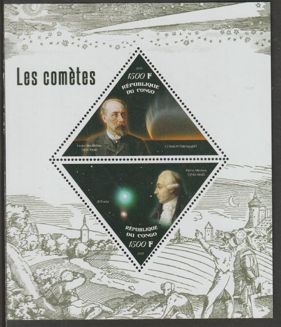 Congo 2019 Comets perf sheet containing two triangular values unmounted mint, stamps on shaped, stamps on triangular, stamps on space, stamps on comets