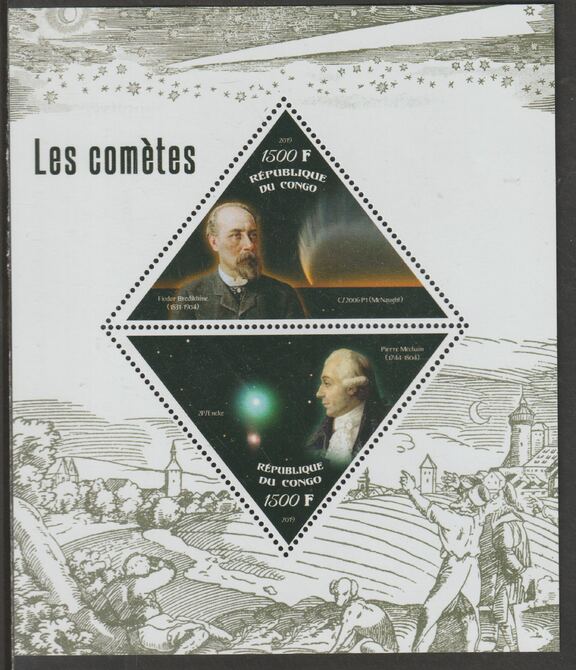 Congo 2019 Comets perf sheet containing two triangular values unmounted mint, stamps on , stamps on  stamps on shaped, stamps on  stamps on triangular, stamps on  stamps on space, stamps on  stamps on comets