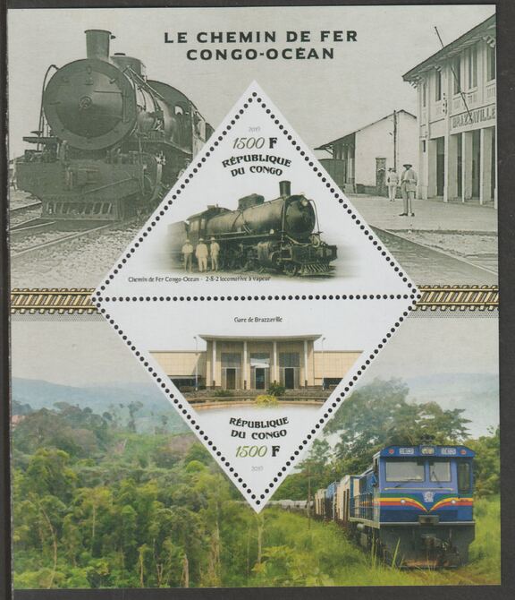 Congo 2019 Railways perf sheet containing two triangular values unmounted mint, stamps on shaped, stamps on triangular, stamps on railways