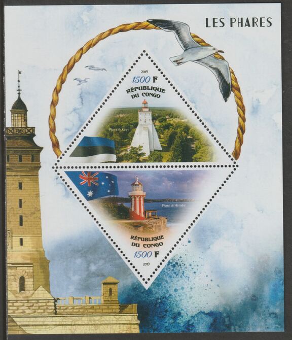 Congo 2019 Lighthouses perf sheet containing two triangular values unmounted mint, stamps on , stamps on  stamps on shaped, stamps on  stamps on triangular, stamps on  stamps on lighthouses