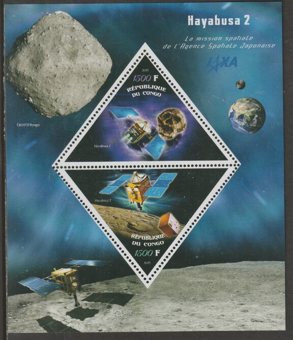 Congo 2019 Hayabusa 2 Space Mission perf sheet containing two triangular values unmounted mint, stamps on shaped, stamps on triangular, stamps on space