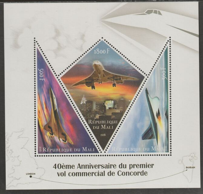 Mali 2016 Concorde #1 - 40th Anniversary perf sheet containing three shaped values unmounted mint, stamps on , stamps on  stamps on shaped, stamps on  stamps on aviation, stamps on  stamps on concorde