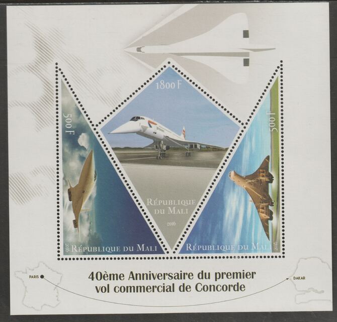 Mali 2016 Concorde #2 - 40th Anniversary perf sheet containing three shaped values unmounted mint, stamps on , stamps on  stamps on shaped, stamps on  stamps on aviation, stamps on  stamps on concorde