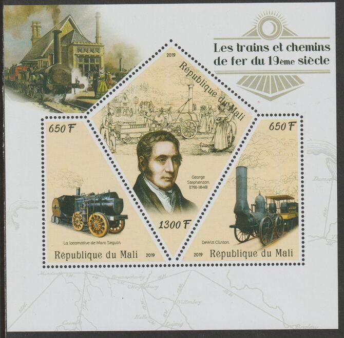 Mali 2019 19th Century Locomotives perf sheet containing three shaped values unmounted mint, stamps on , stamps on  stamps on shaped, stamps on  stamps on railways