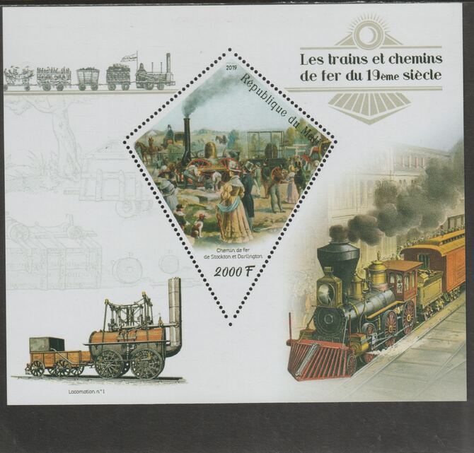 Mali 2019 19th Century Locomotives perf sheet containing one diamond shaped value unmounted mint, stamps on shaped, stamps on railways, stamps on clocks