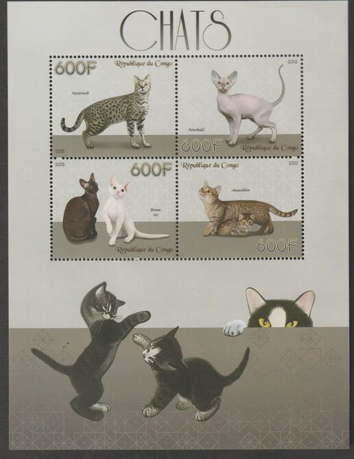 Congo 2015 Domestic Cats perf sheet containing four values unmounted mint, stamps on cats