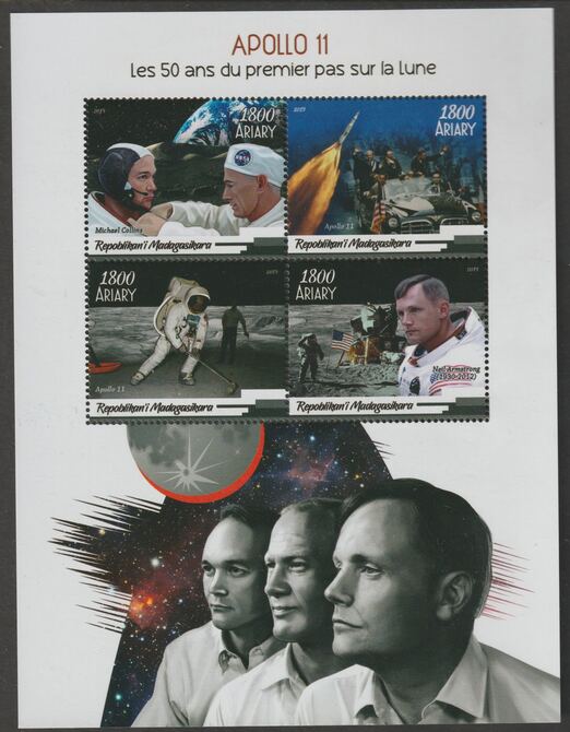 Madagascar 2019 Space - Apollo 11 perf sheet containing four values unmounted mint, stamps on , stamps on  stamps on space, stamps on  stamps on apollo, stamps on  stamps on moon