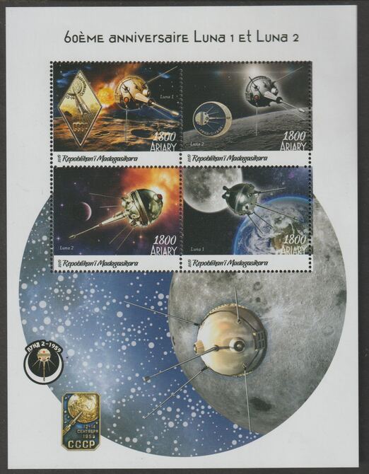 Madagascar 2019 Space - Luna Probes perf sheet containing four values unmounted mint, stamps on , stamps on  stamps on space, stamps on  stamps on luna, stamps on  stamps on moon