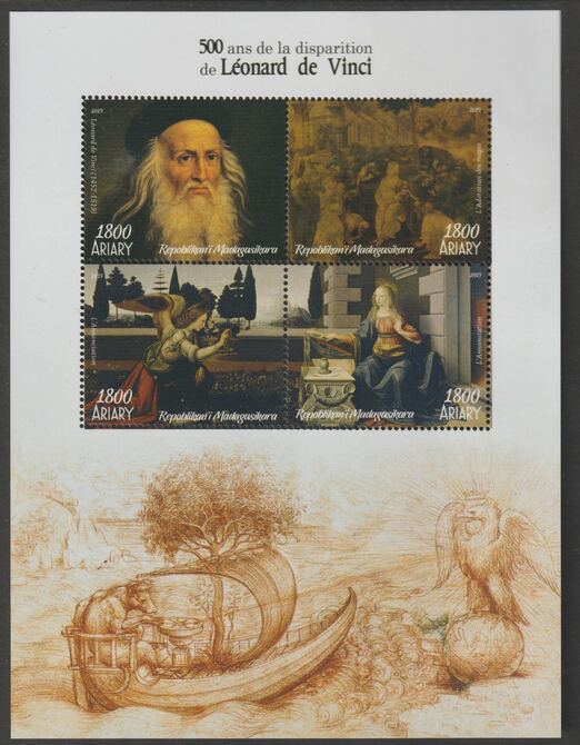 Madagascar 2019 Leonardo da Vinci perf sheet containing four values unmounted mint, stamps on personalities, stamps on leonardo da vinci