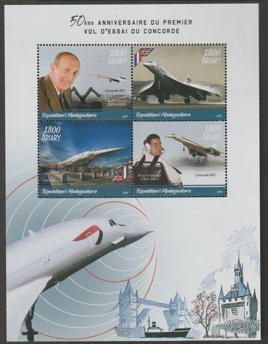 Madagascar 2019 Concorde - 50th Anniversary perf sheet containing four values unmounted mint, stamps on , stamps on  stamps on aviation, stamps on  stamps on concorde, stamps on  stamps on london, stamps on  stamps on bridges