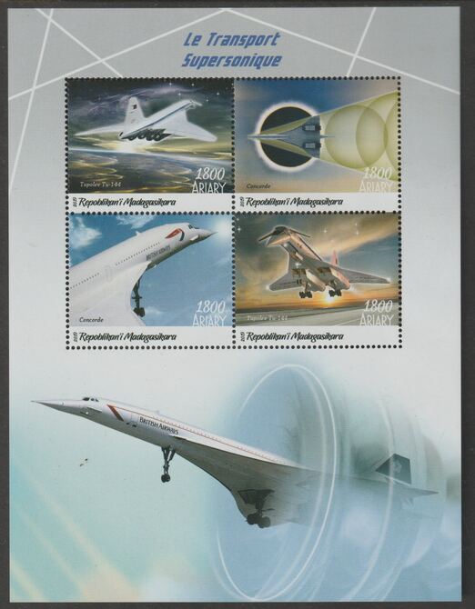 Madagascar 2019 Supersonic Aircraft perf sheet containing four values unmounted mint, stamps on aviation, stamps on concorde, stamps on 