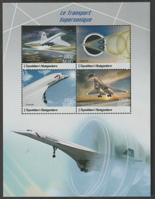 Madagascar 2019 Supersonic Aircraft perf sheet containing four values unmounted mint, stamps on , stamps on  stamps on aviation, stamps on  stamps on concorde, stamps on  stamps on 