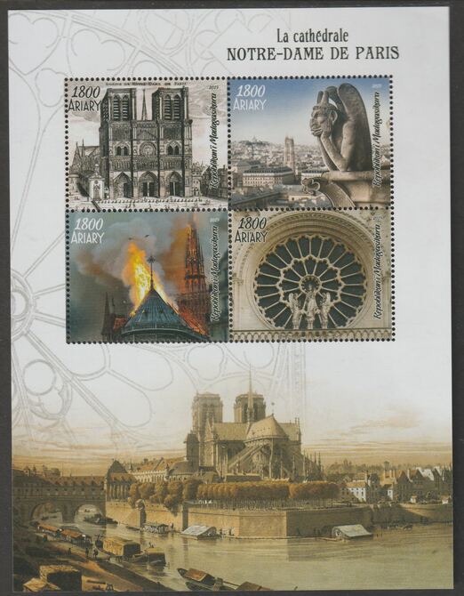 Madagascar 2019 Notre Dame perf sheet containing four values unmounted mint, stamps on , stamps on  stamps on cathedrals, stamps on  stamps on fire