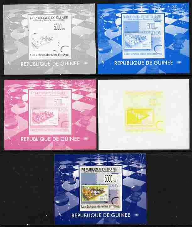 Guinea - Conakry 2009 Chess on Stamps #4 individual deluxe sheetlet - the set of 5 imperf progressive proofs comprising the 4 individual colours plus all 4-colour composi..., stamps on stamp on stamp, stamps on stamponstamp, stamps on chess